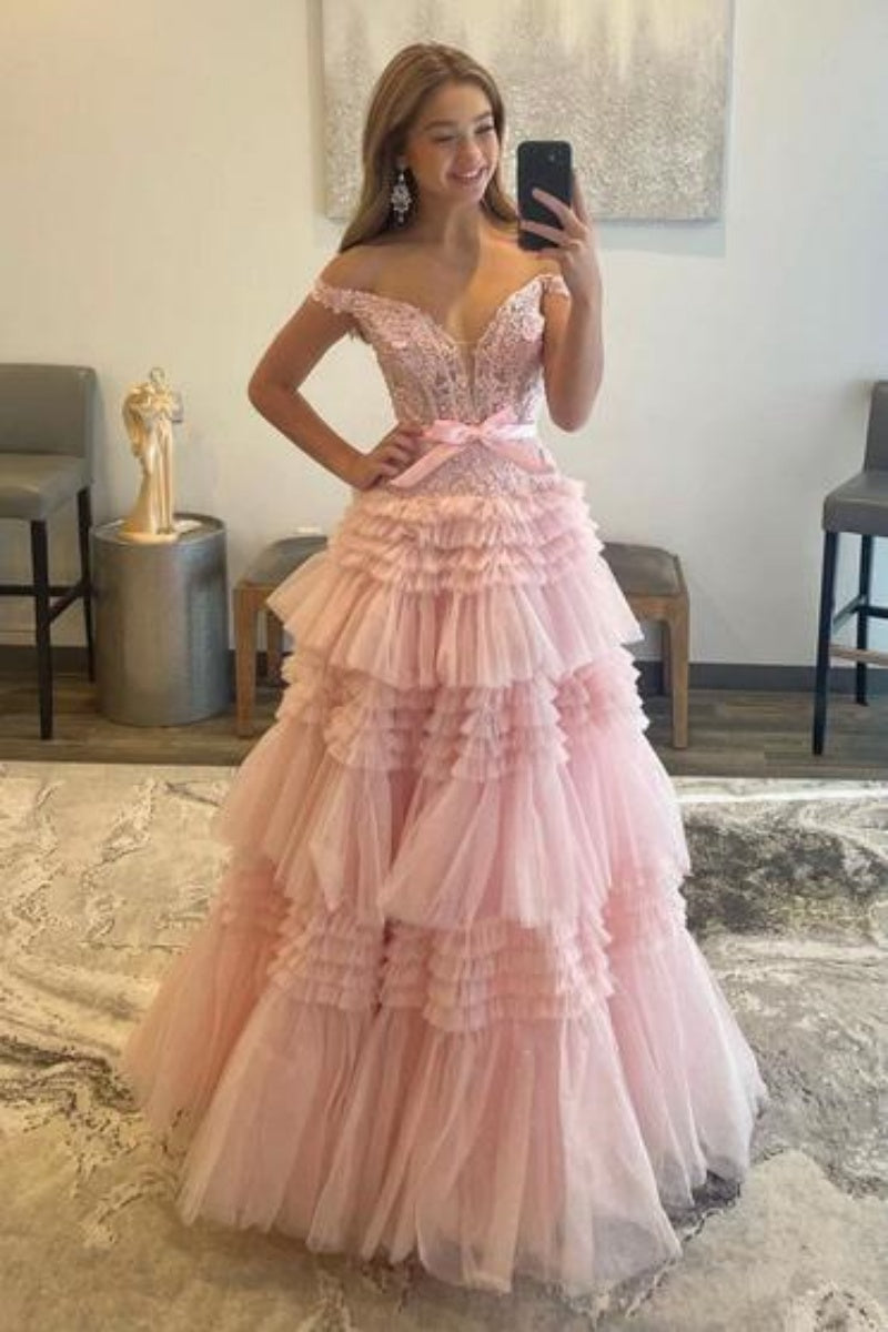 Off-the-shoulder Pink A-line Ruffles Gown