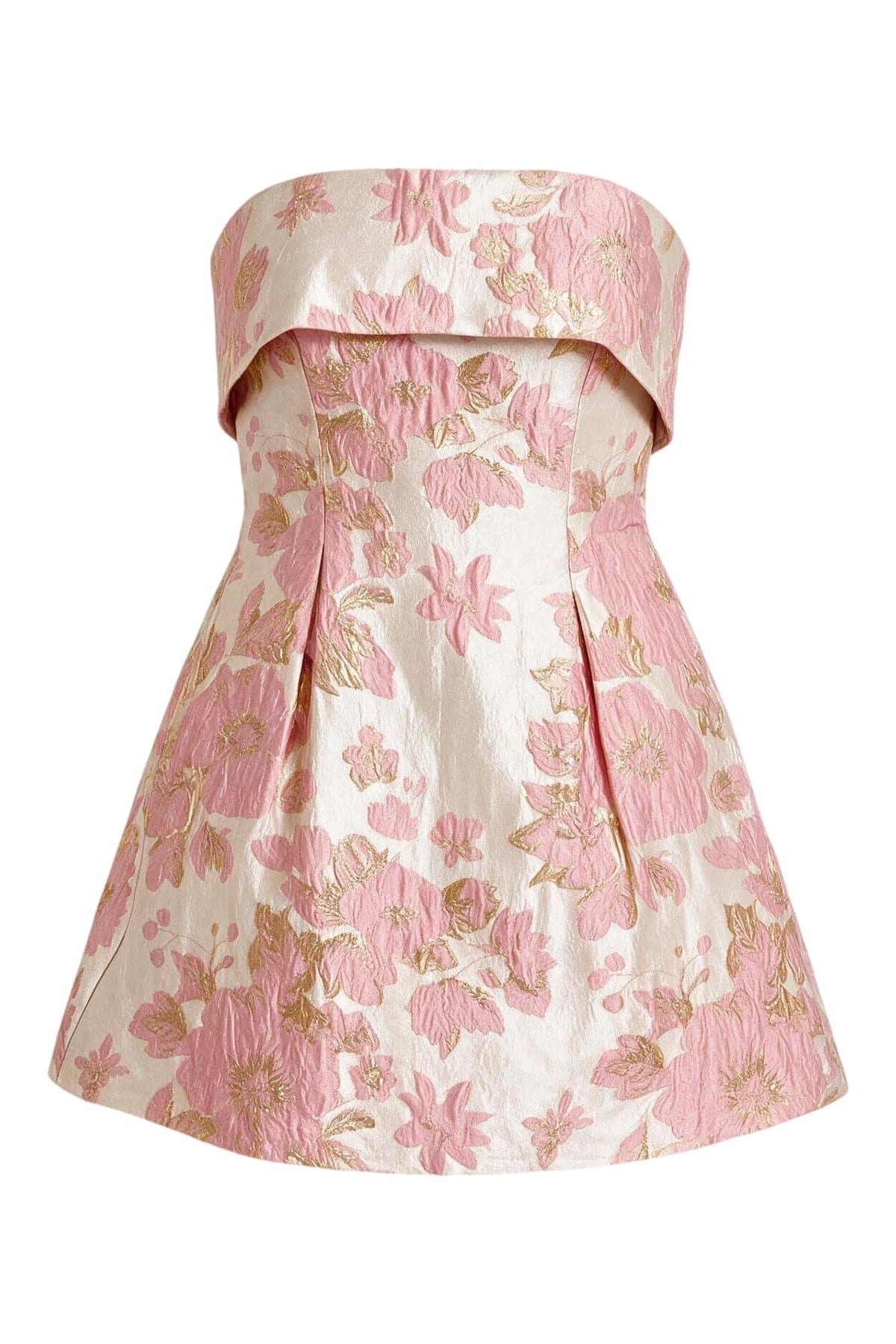 Pink Jacquard Floral Strapless Mini Dress