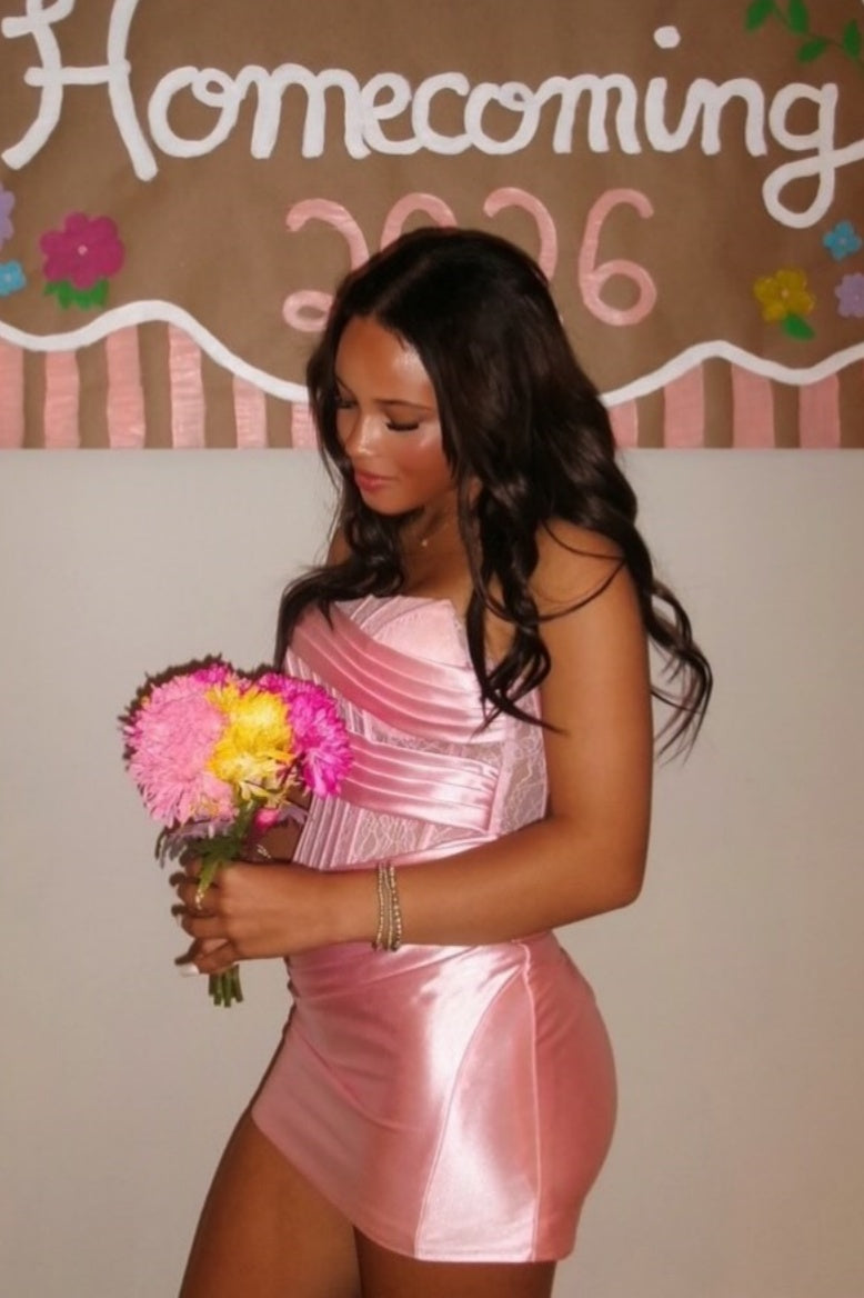 Pink Satin Lace Corset Mini Dress