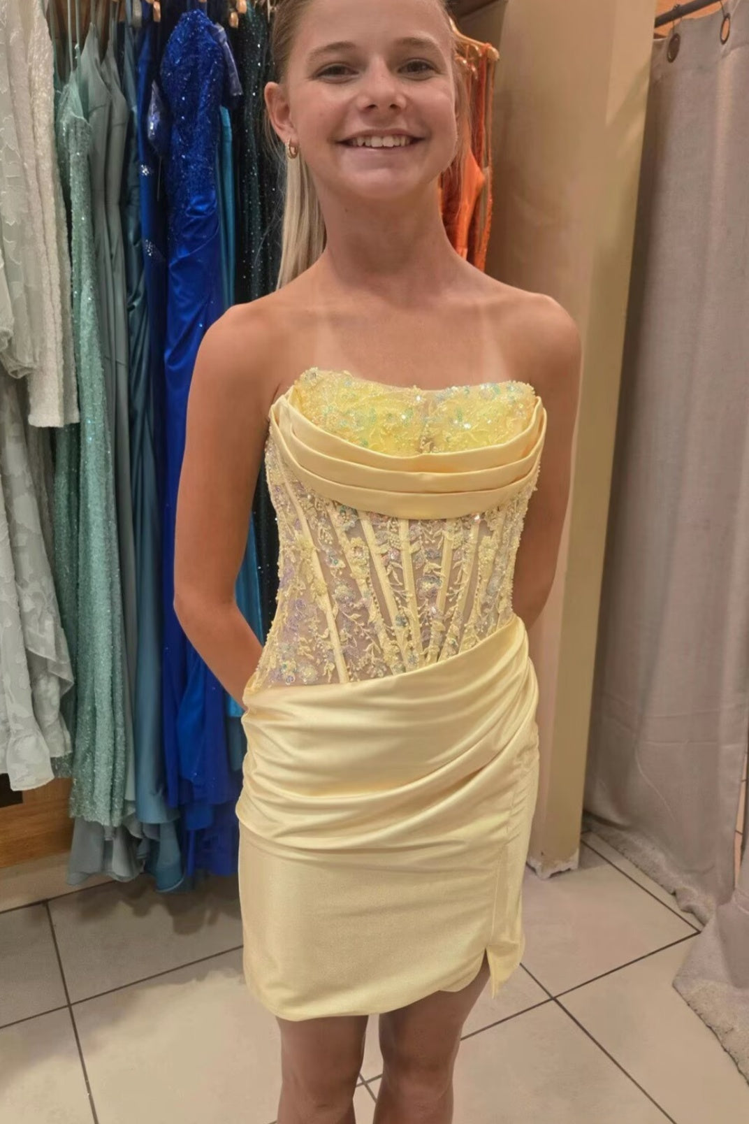 Yellow Satin Strapless Lace Mini Dress