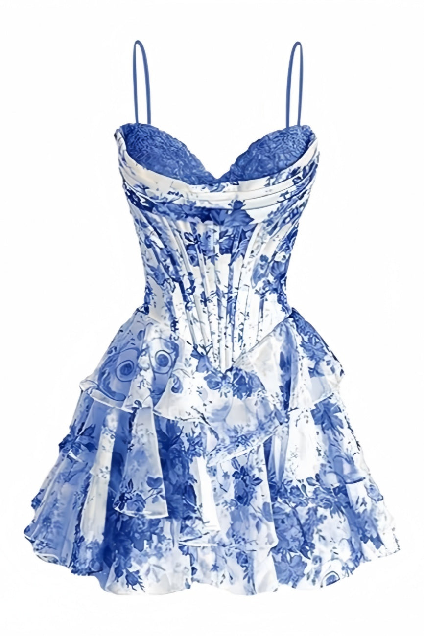 Blue A-Line Sweetheart Ruffle Mini Dress