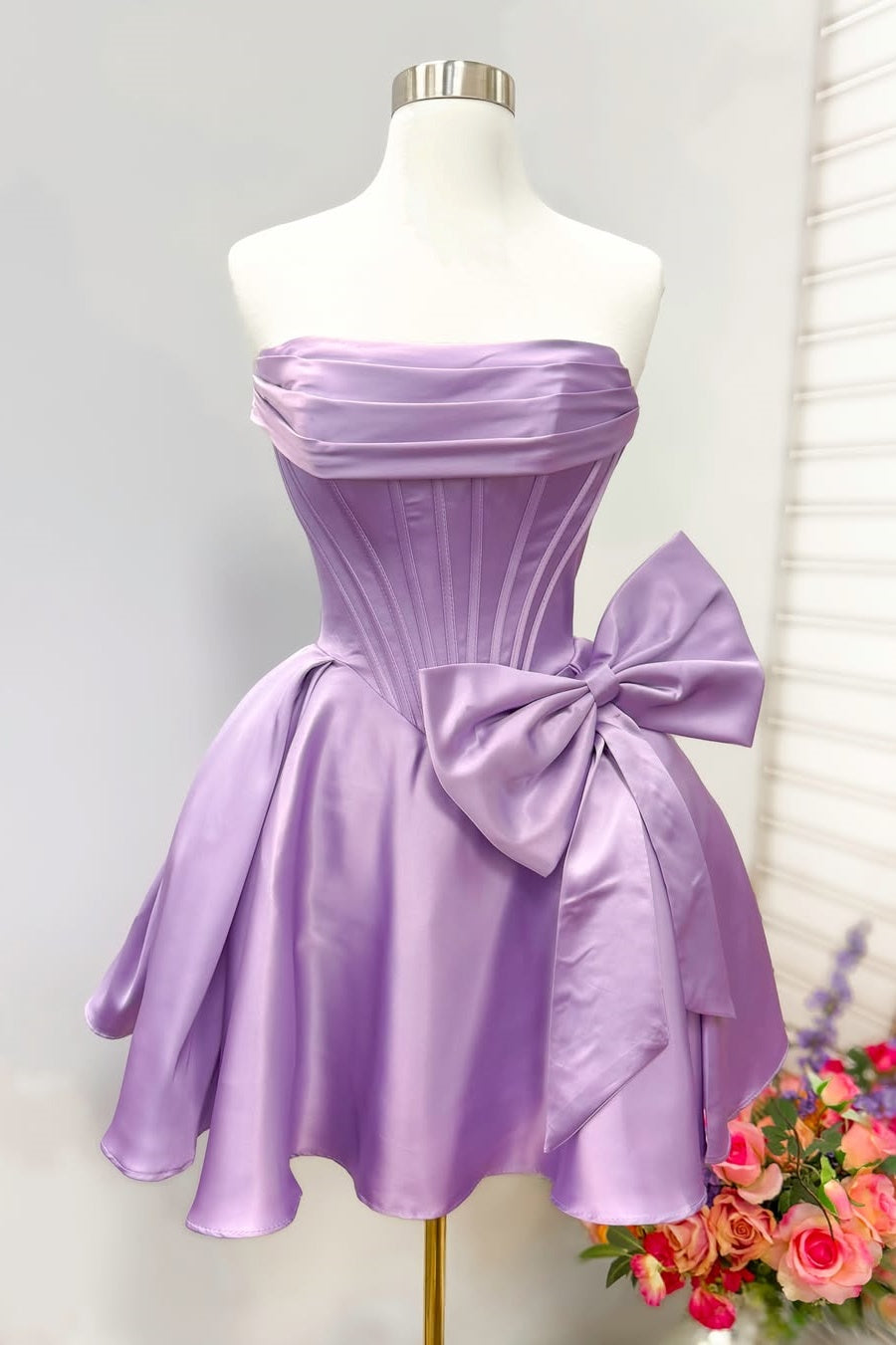 Lavender Bow Strapless Corset Mini Dress
