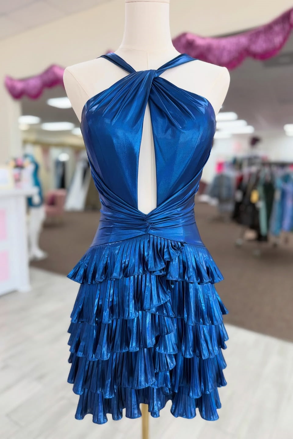 Royal Blue Ruffle Halter A-Line Mini Dress