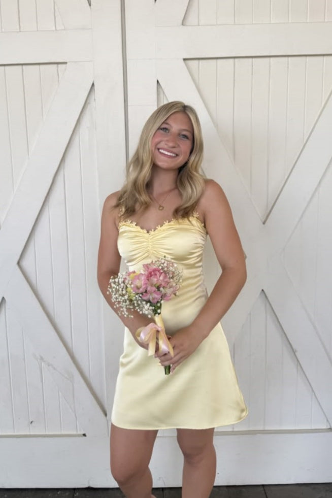 Light Yellow Satin Floral Strap Mini Dress