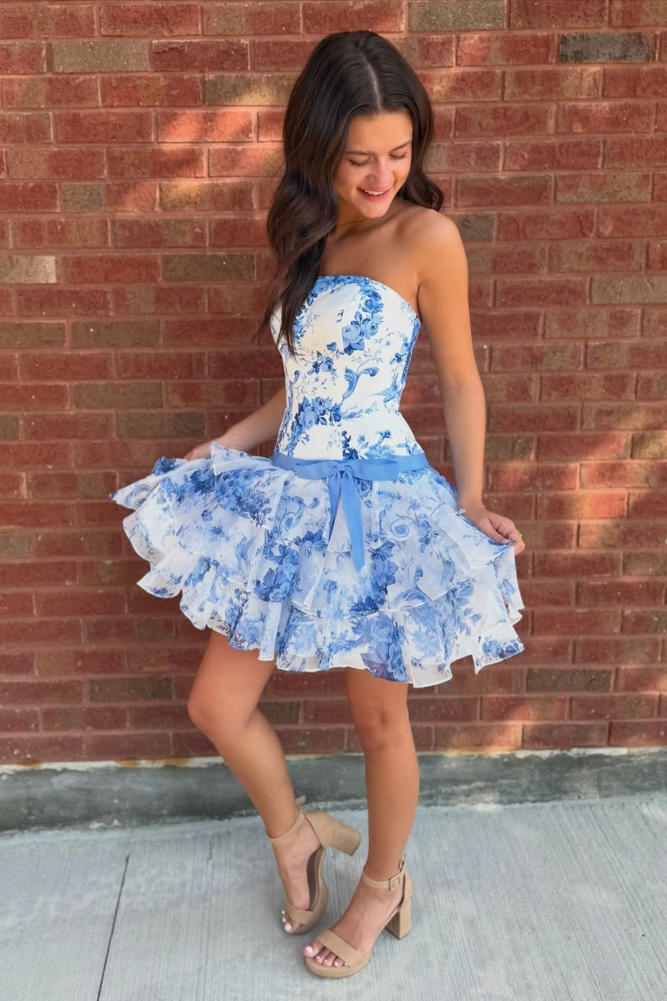 Blue Floral Ruffle Strapless Mini Dress