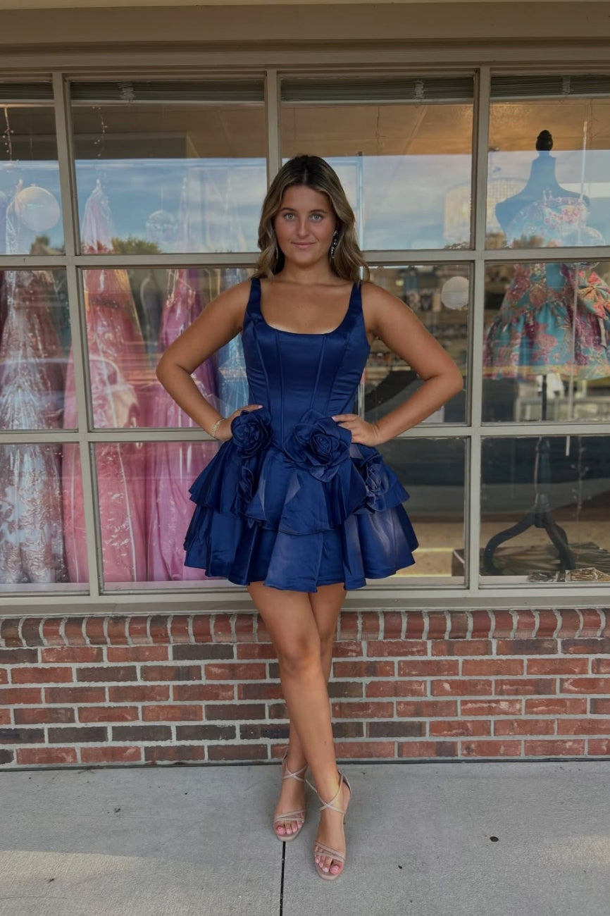 Navy Satin Ruffle A-Line Mini Dress
