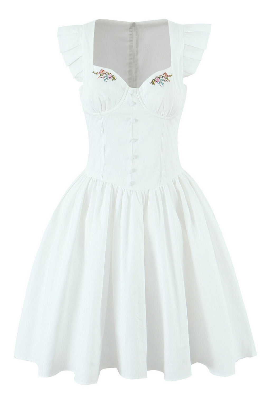 White Cap Sleeve Flower Embroidery Ruched Dress