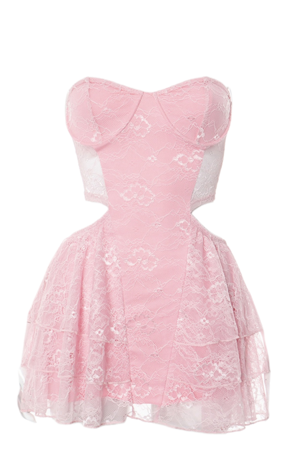 Pink Strapless Lace Hollowed-out Party Dress with Illusion