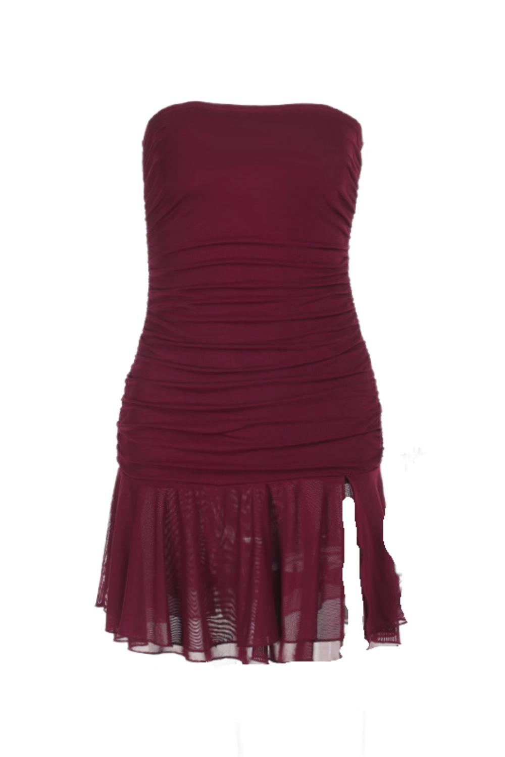 Burgundy Strapless Ruched Fitted Party Dress