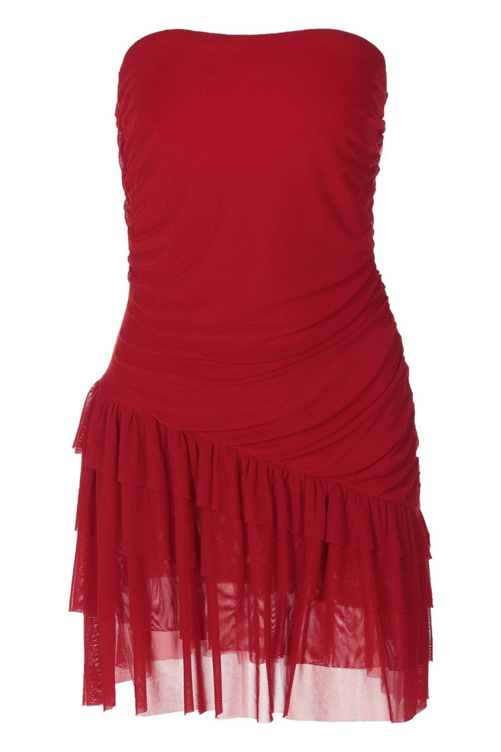 Red Strapless Ruched Ruffle Fitted Party Dress