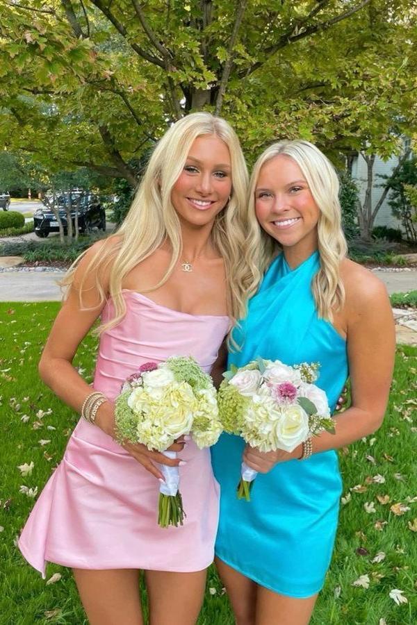 Sexy Light Pink Halter Satin Short Cocktail Dress Birthday Outfits main image 0