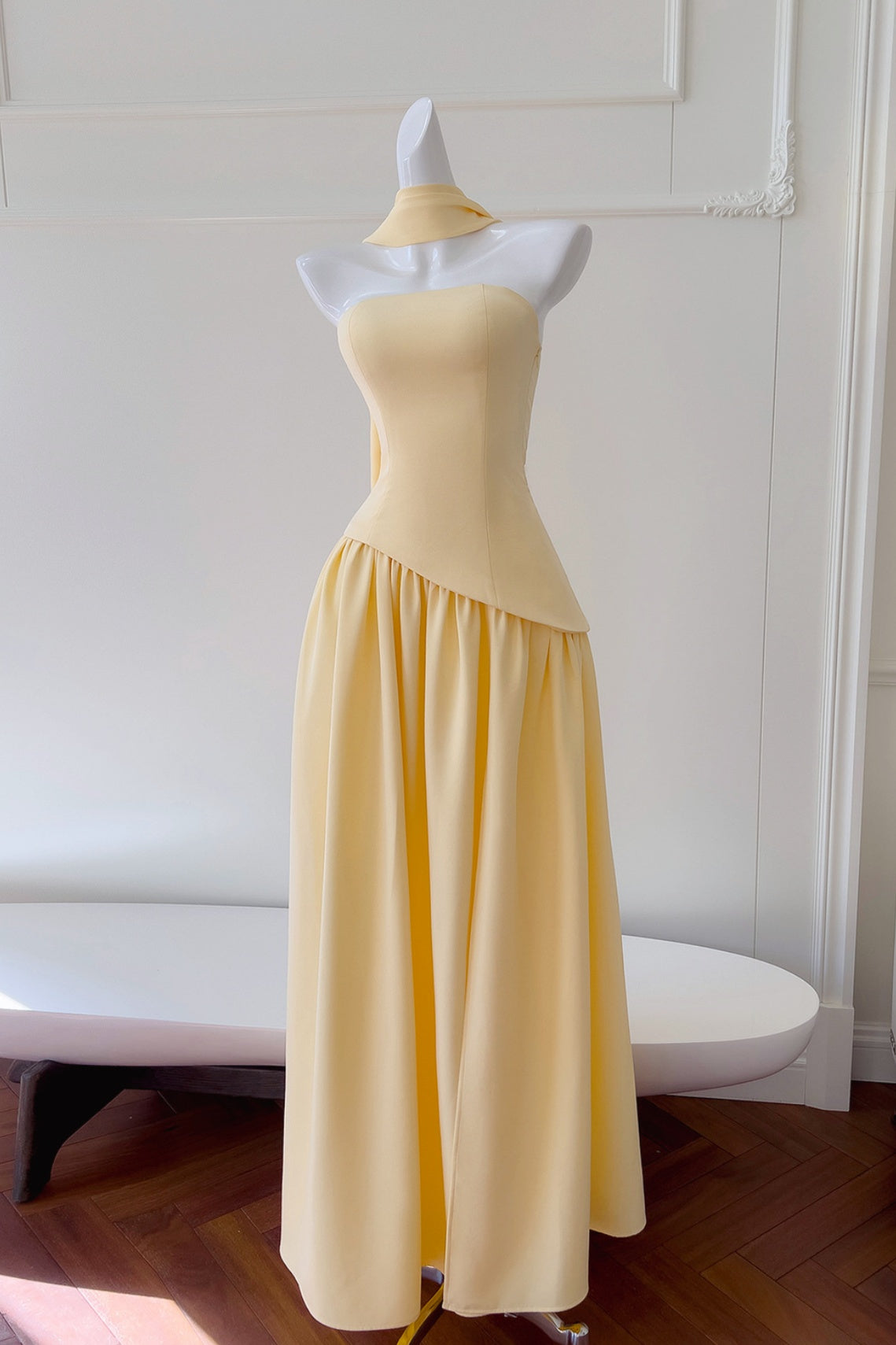 Light Yellow Halter Tie Strapless Long Dress