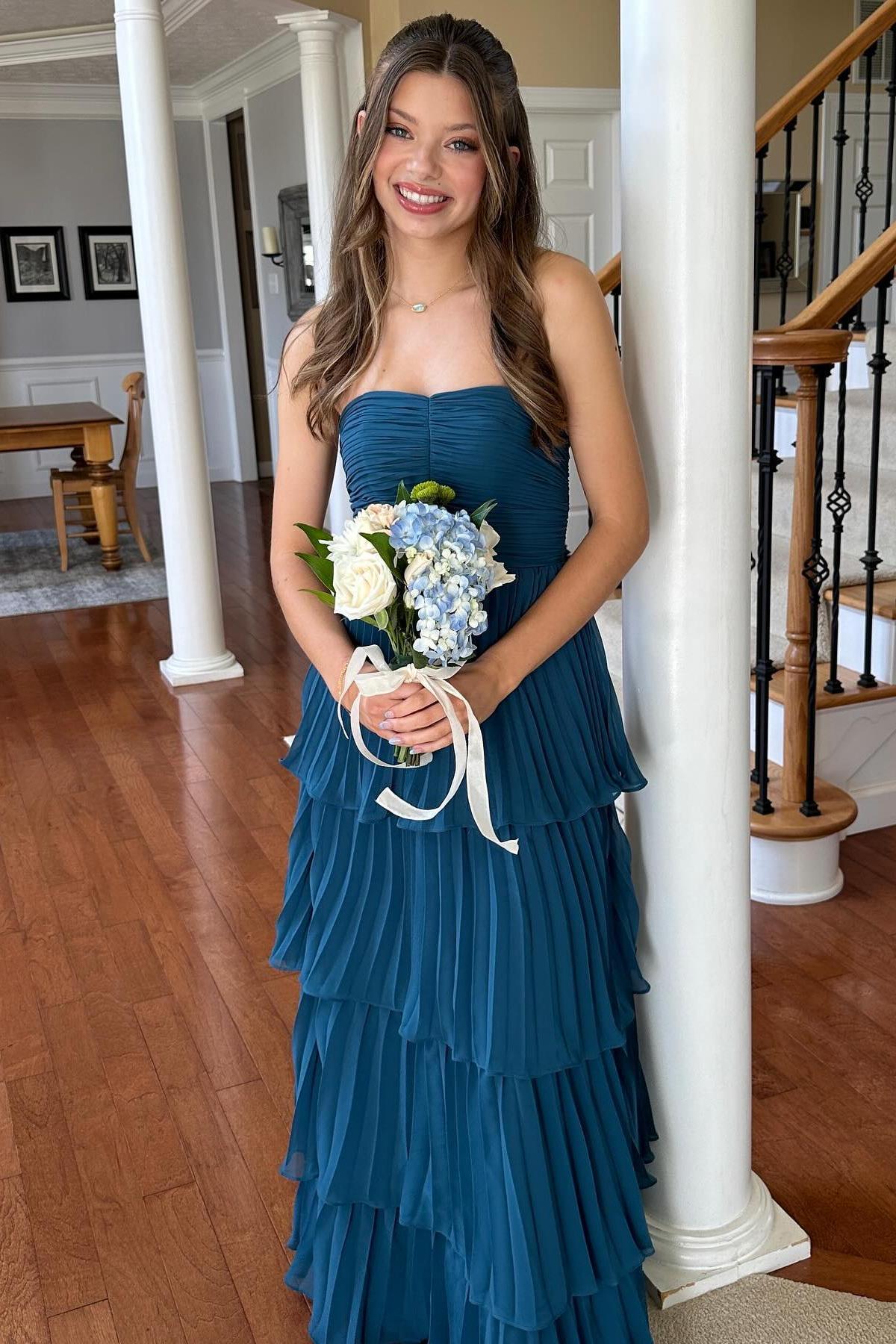 pleated strapless dress A-Line Maxi flattering as it is alluring Blue Abstract Pleated Strapless Maxi