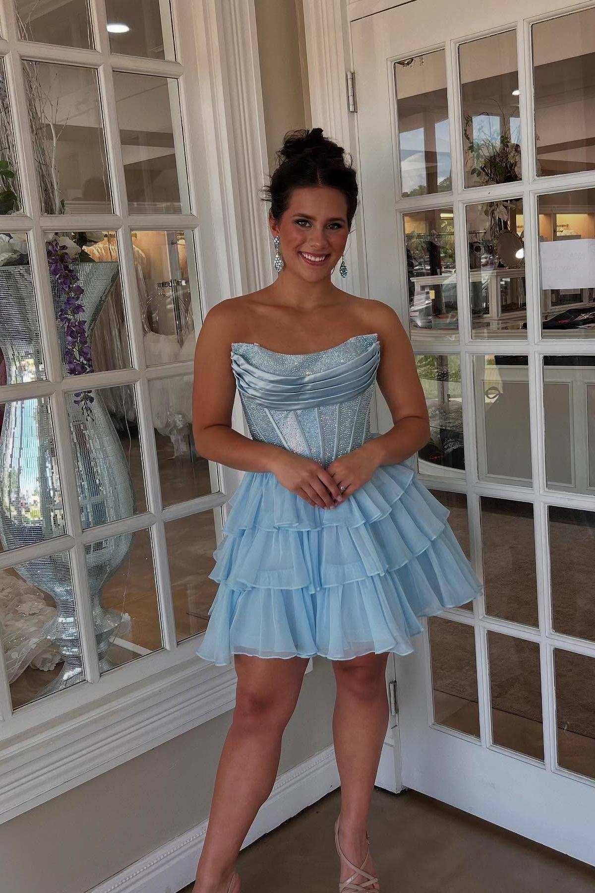 Beaded Light Blue Corset A-line Short Ruffle Dress – Dressesforparty