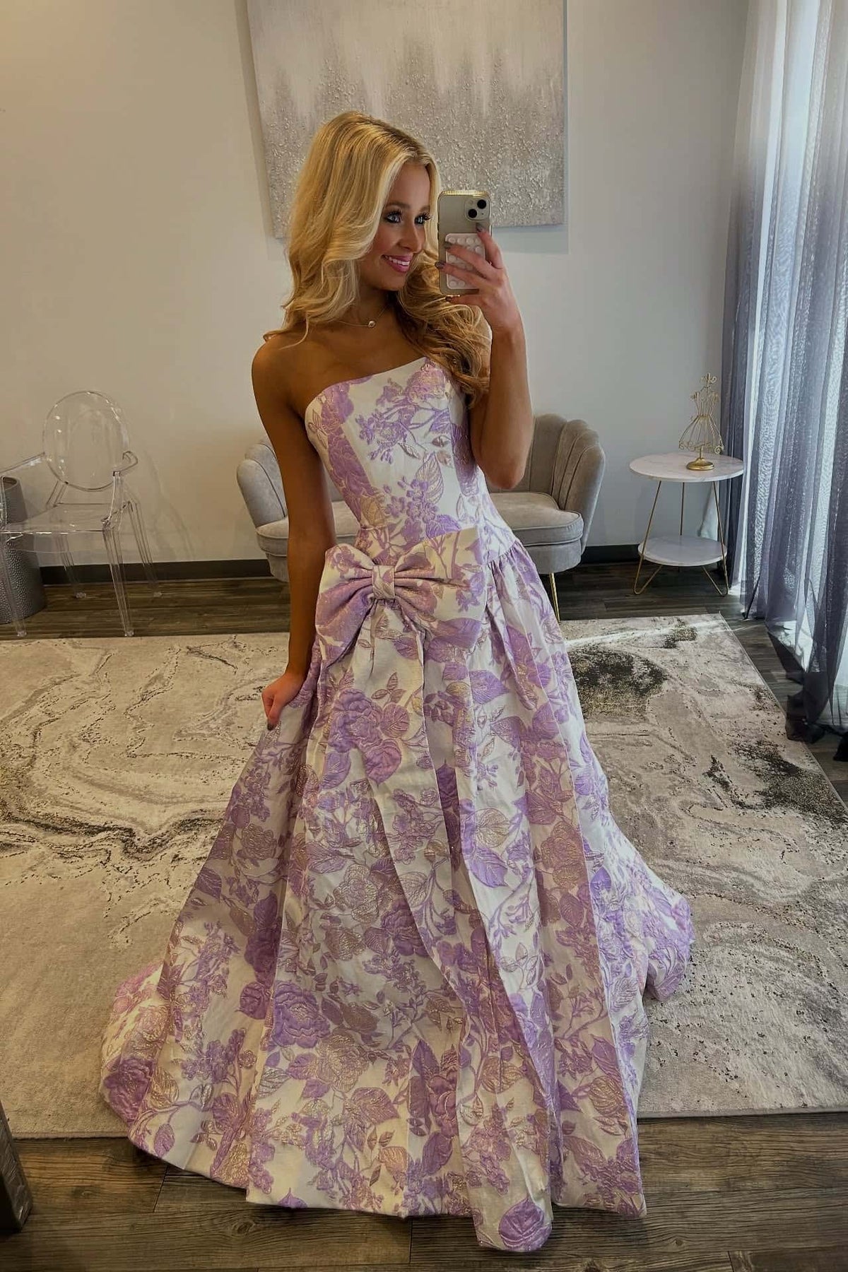 Lavender Strapless Bow Jacquard Floral Dress