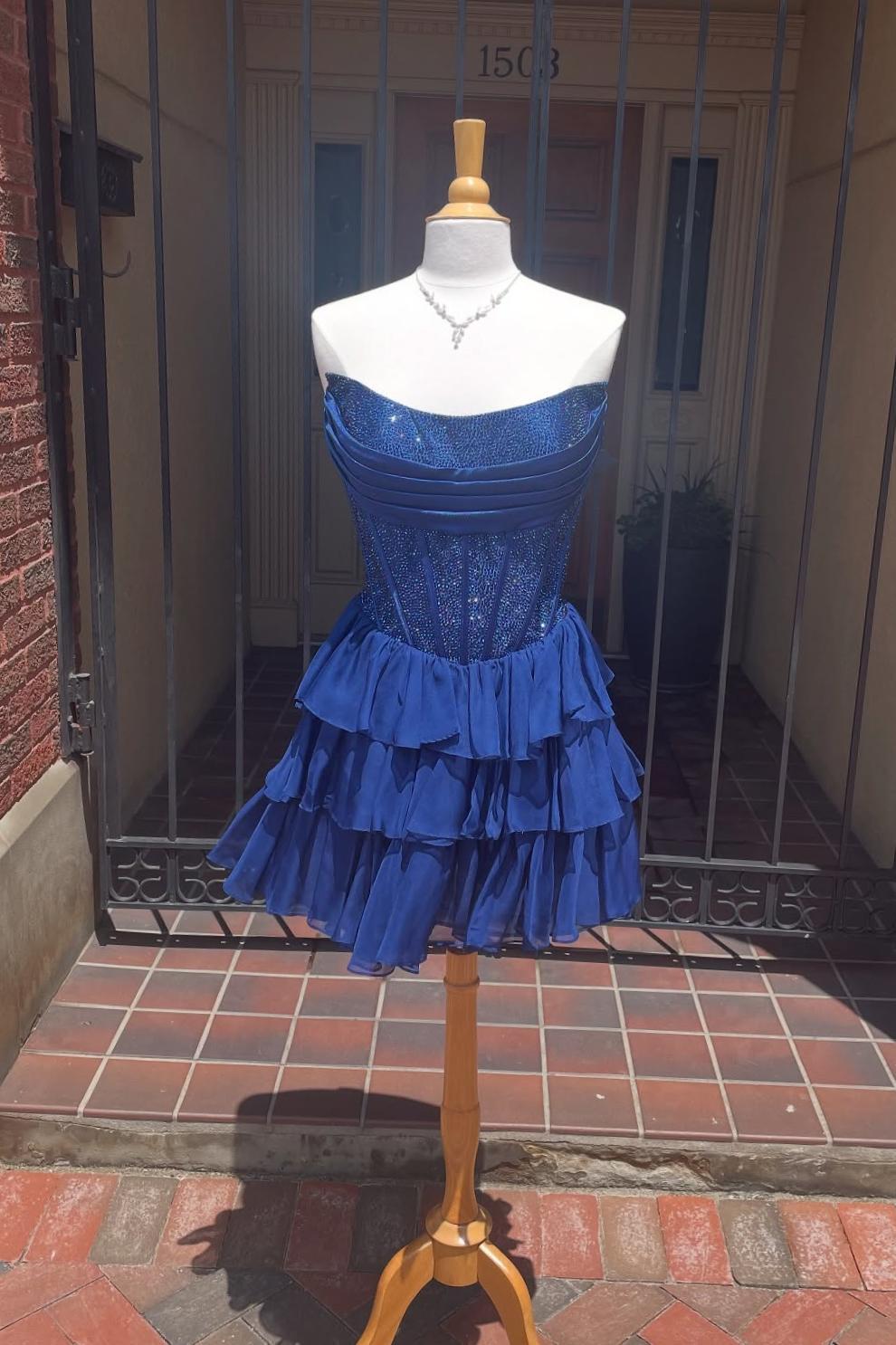 Beaded Navy Blue Corset A-line Short Ruffle Dress