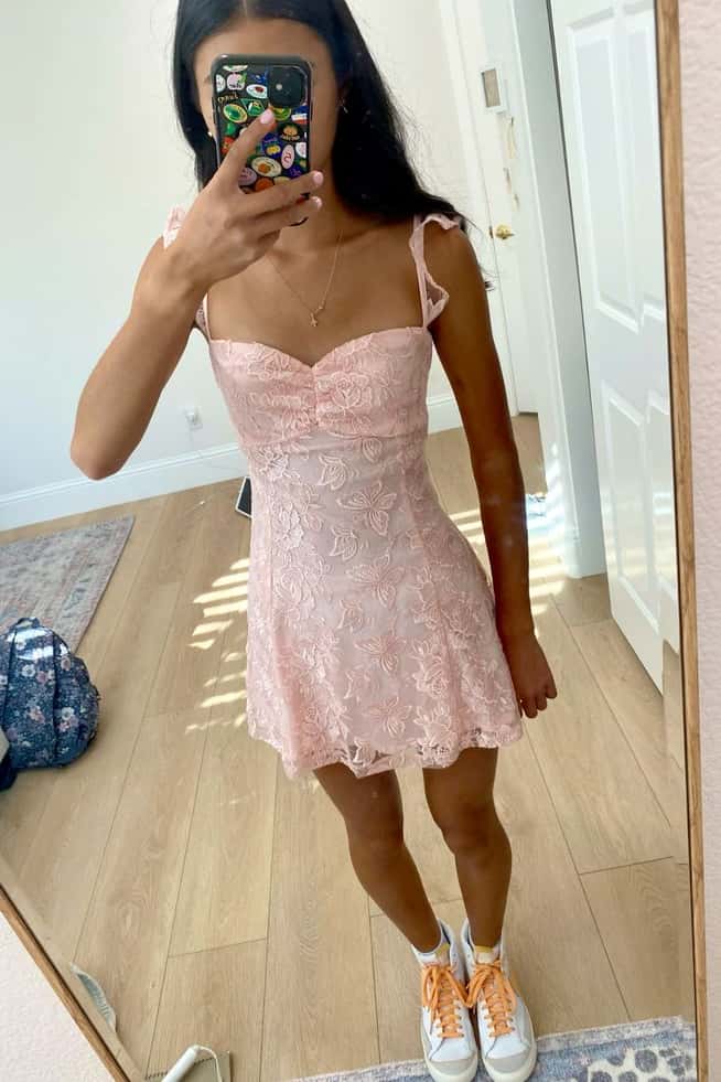 Pink Lace Ruffled Straps A-line Short Dress