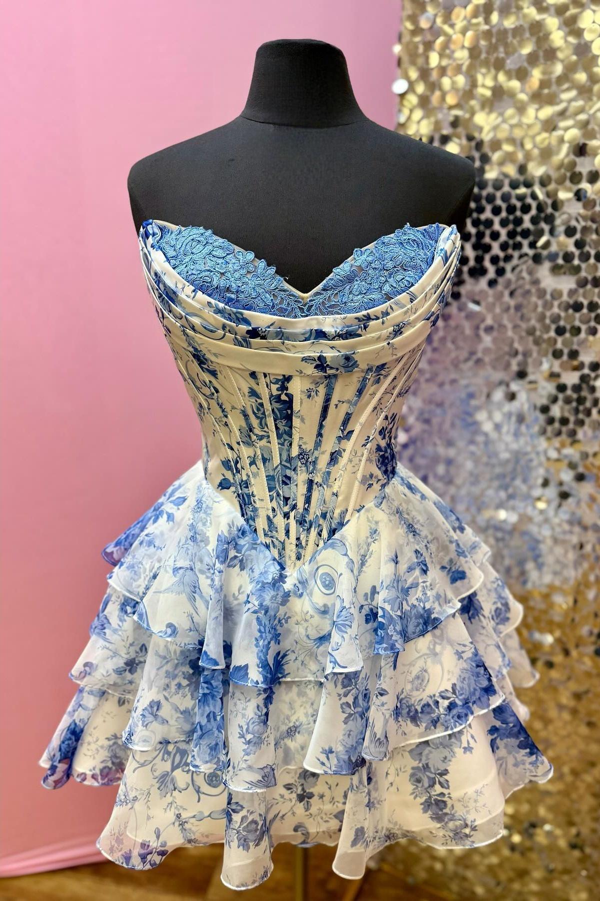 Blue Floral Print Corset A-line Short Ruffle Dress Dressesforparty Blue Floral Print Corset A-line Short Ruffle Dress Dressesforparty