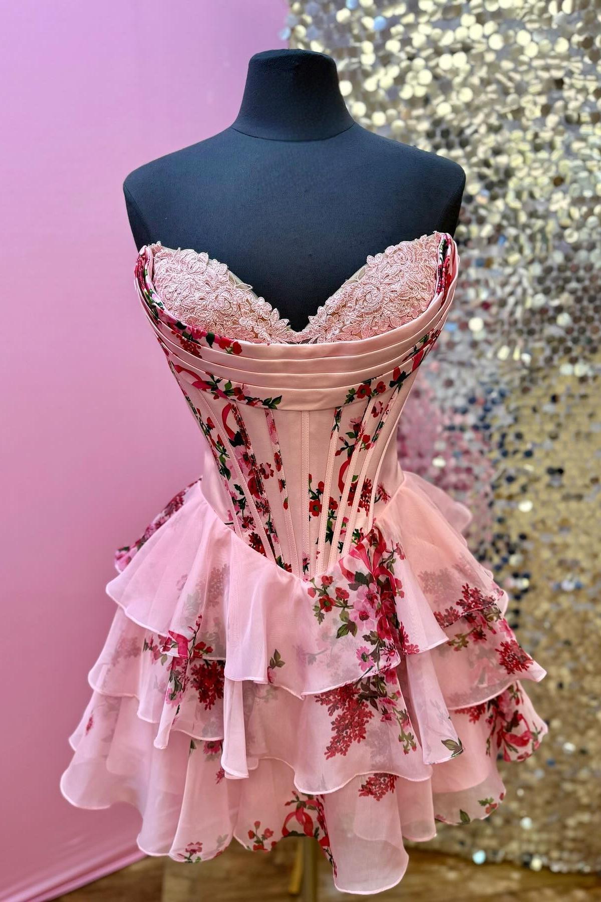 Pink Floral Print Corset A-line Short Ruffle Dress