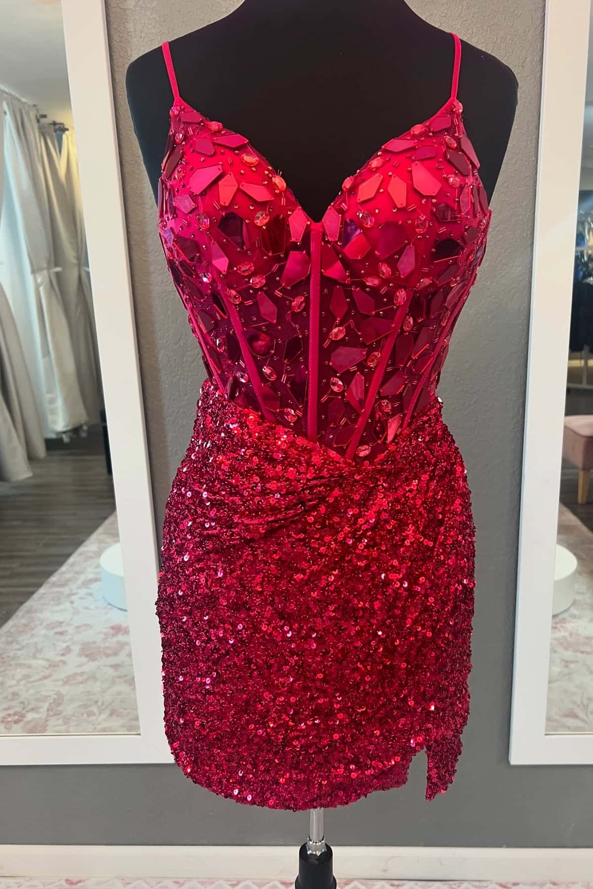 V-Neck Sequin Spaghetti Strap Mini Dress