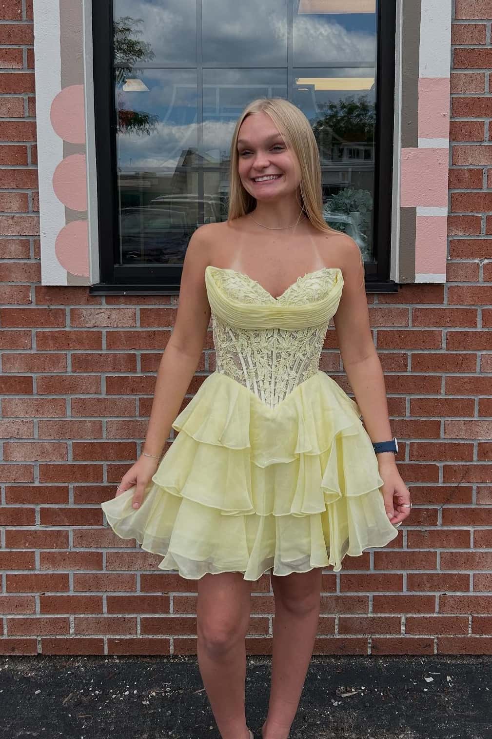 Sweetheart Applique Short Ruffle Waist-Defined Dress