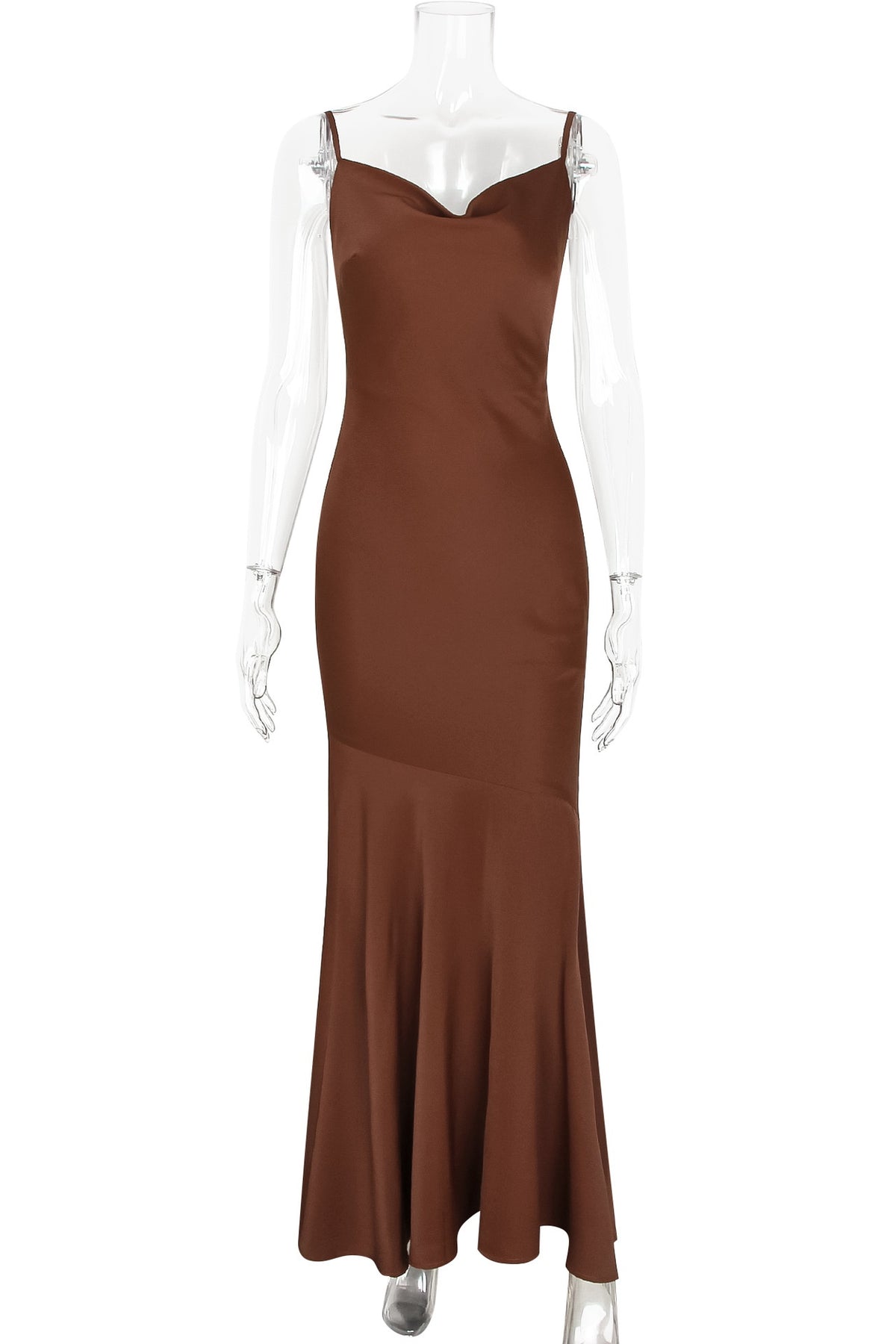Brown Spaghetti Straps Cowl Long Dress