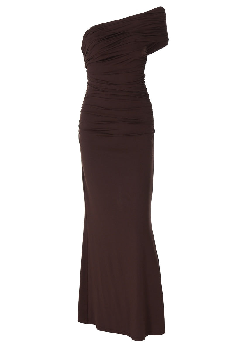 Brown One-Shoulder Long Dress with Back Slit