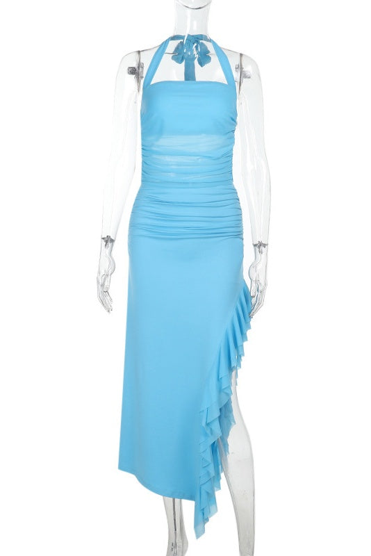 Blue Asymmetrical Ruffled Hem Long Dress