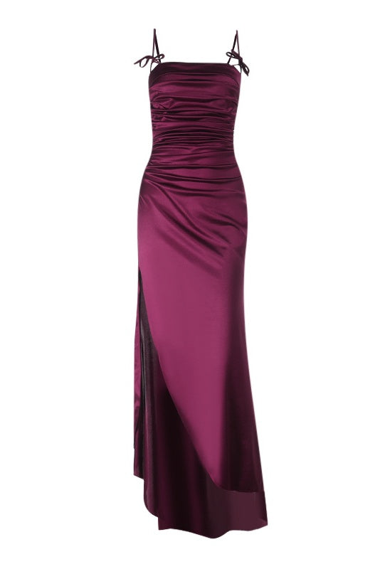 Fuchsia Spaghetti Straps Asymmetrical Short Train Dress