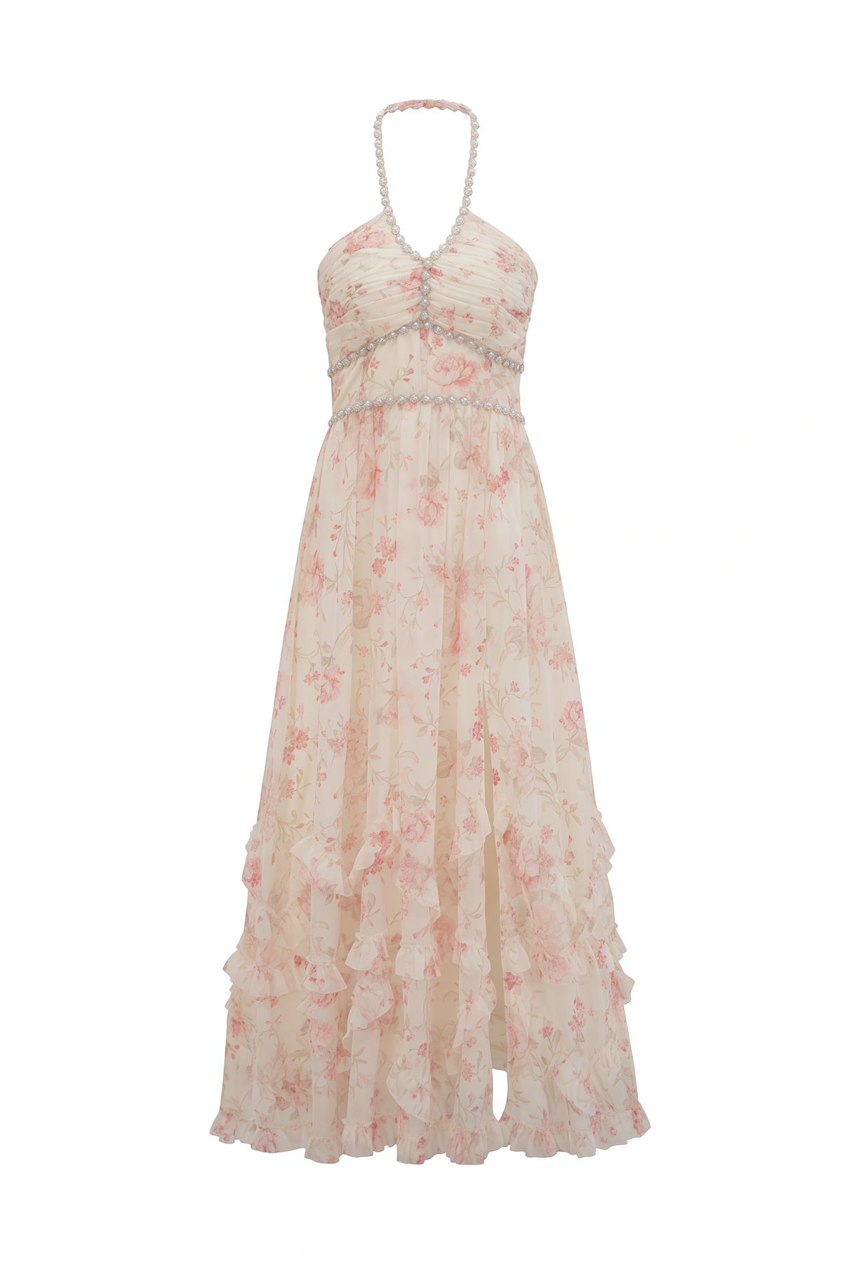 Apricot Rhinestone Halter Long A-line Dress