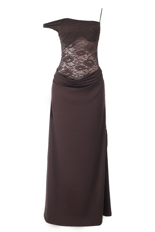 Brown Lace Print Asymmetrical Long Dress