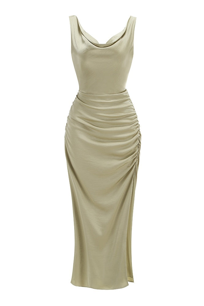 Green Slim Fit Gathered Dress