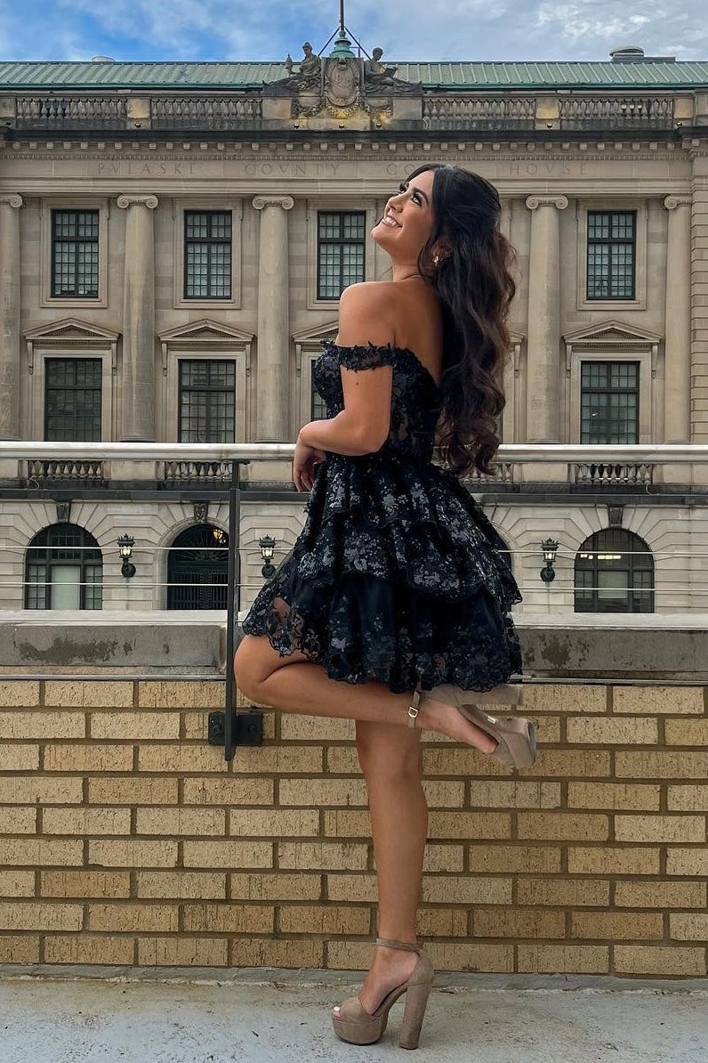 Off the Shoulder Black Tiered Ruffle A-line Homecoming Dress Dressesforparty Off the Shoulder Black Tiered Ruffle A-line Homecoming Dress Dressesforparty