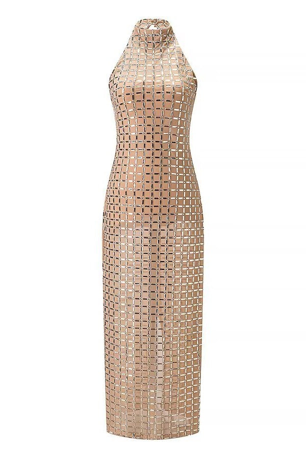 Nude Halter Rhinestone Fitted Long Dress