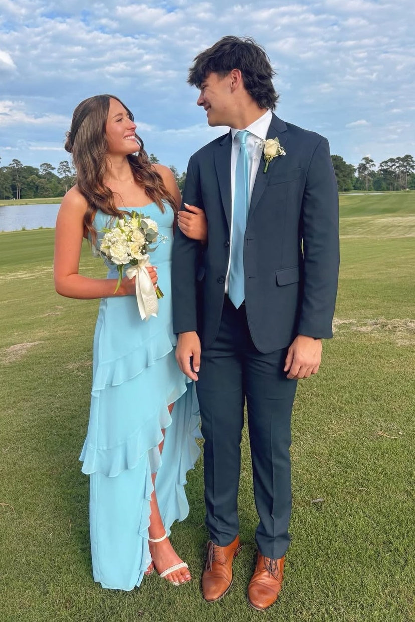 Blue Chiffon Strapless Floor-Length Dress