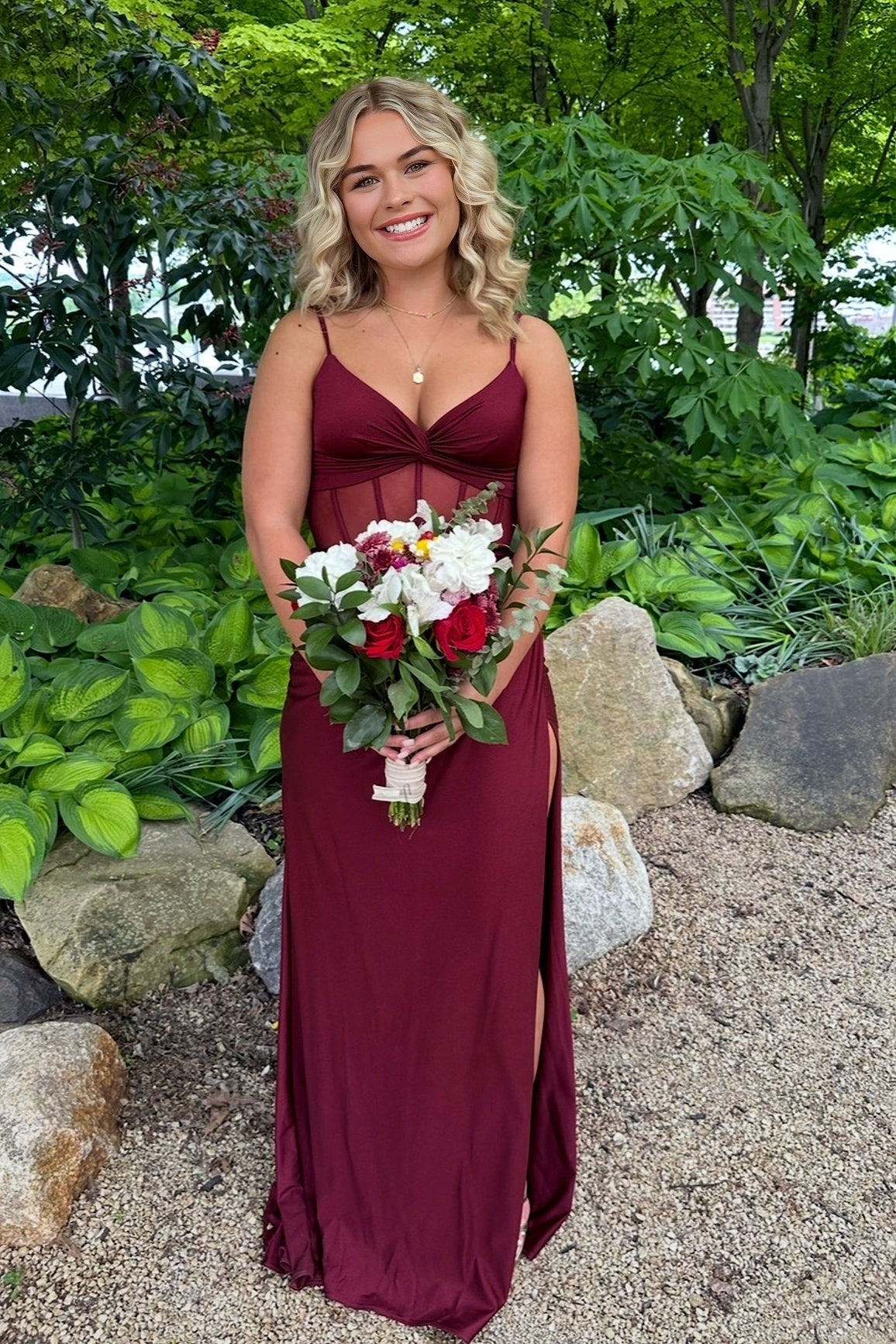 Burgundy Twsit Sheer Fitted Slit Long Dress