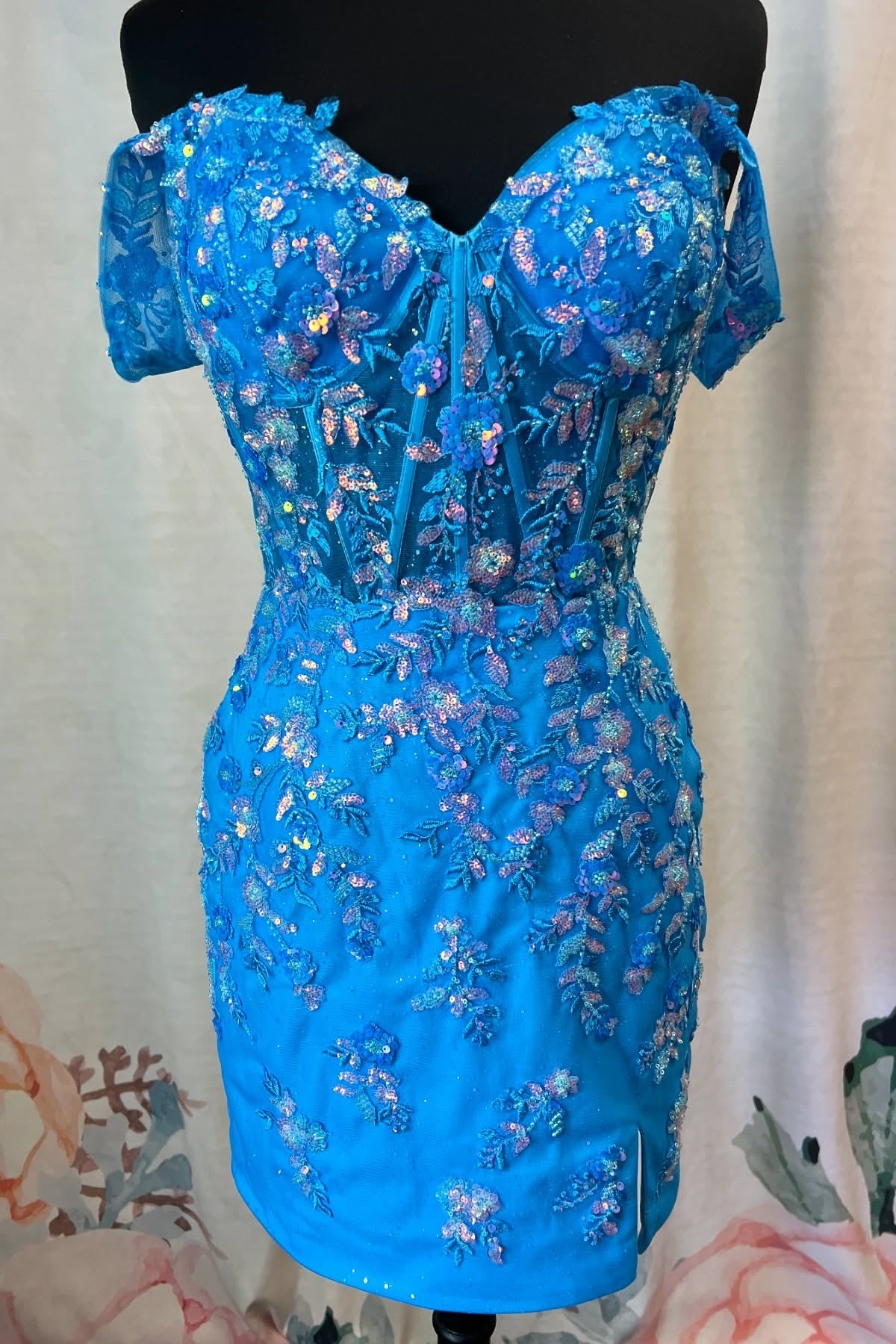 Blue Fitted Off-the-Shoulder Mini Dress