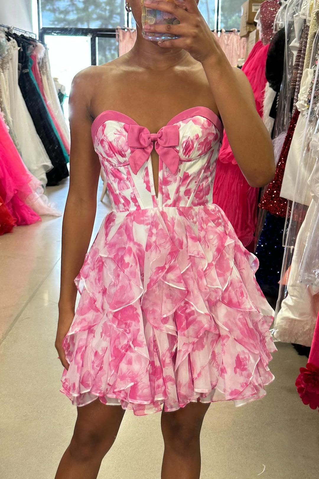 Pink Floral Sweetheart A-Line Dress