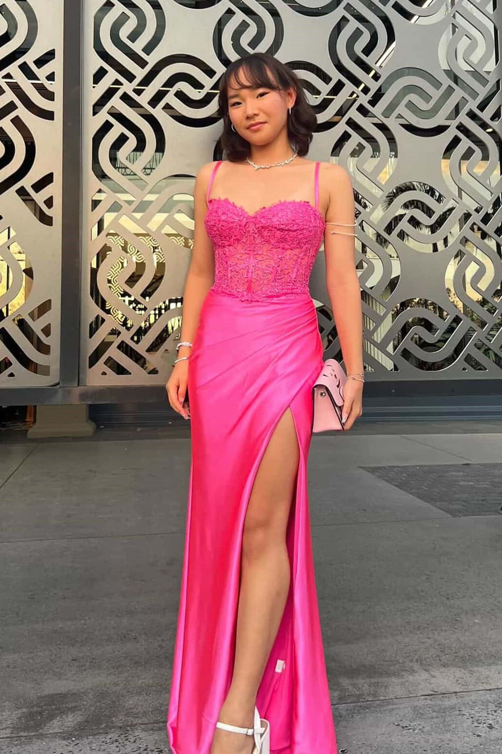 Hot Pink High-Slit Sheer-Waist Long Dress