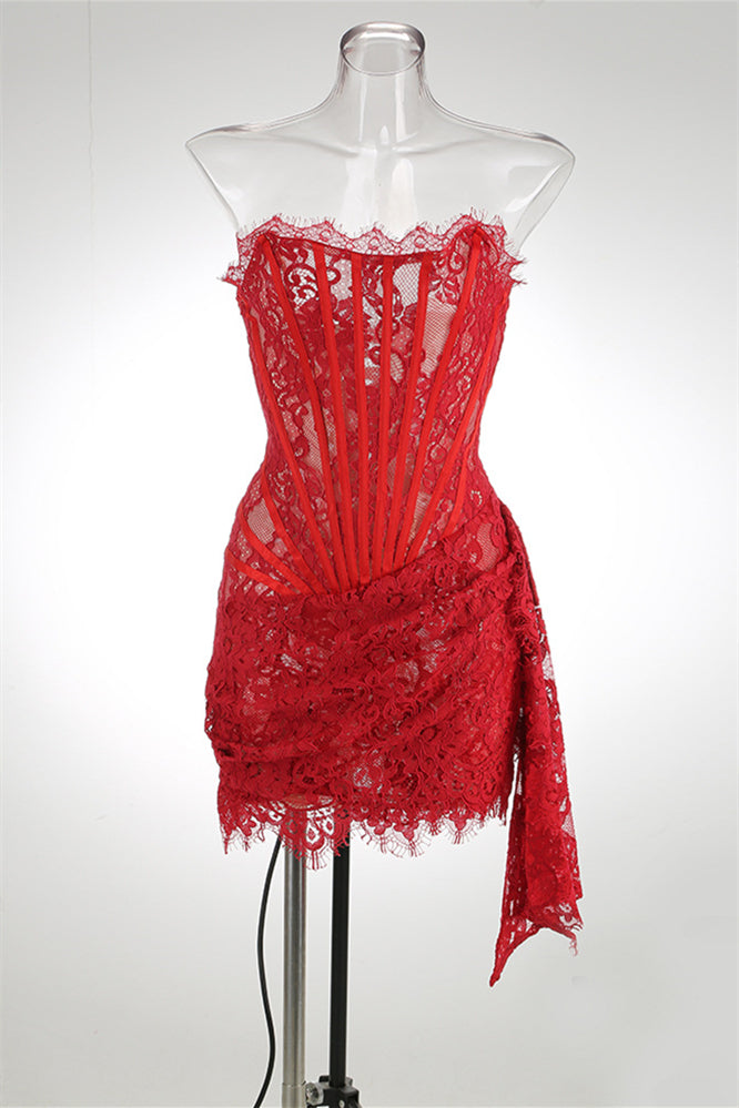 Strapless Cream Lace Short Dress with Ribbon Dressesforparty Strapless Cream Lace Short Dress with Ribbon Dressesforparty
