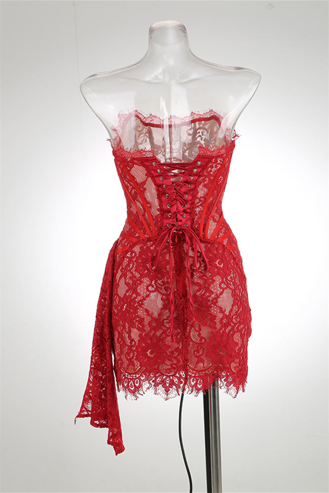 Strapless Cream Lace Short Dress with Ribbon – Dressesforparty