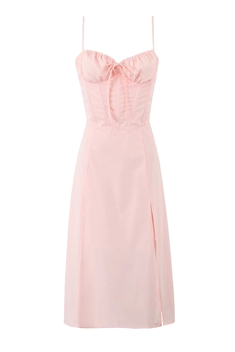 Straps Pink Tie Front A-line Midi Dress with Slit Dressesforparty Straps Pink Tie Front A-line Midi Dress with Slit Dressesforparty