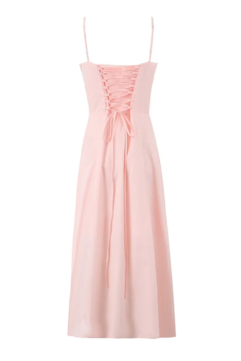 Straps Pink Tie Front A-line Midi Dress with Slit Dressesforparty Straps Pink Tie Front A-line Midi Dress with Slit Dressesforparty