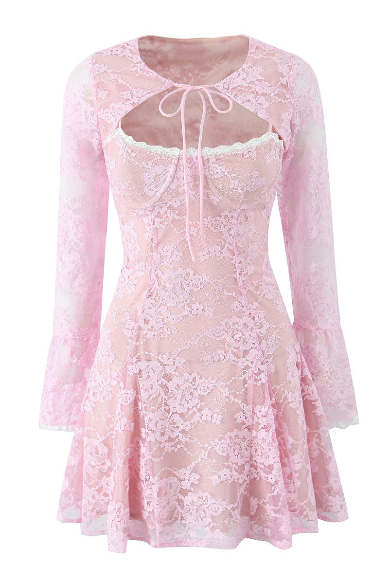two piece long sleeve short dress Two Piece Pink Lace Mini Dress with Long Sleeves – Dressesforparty
