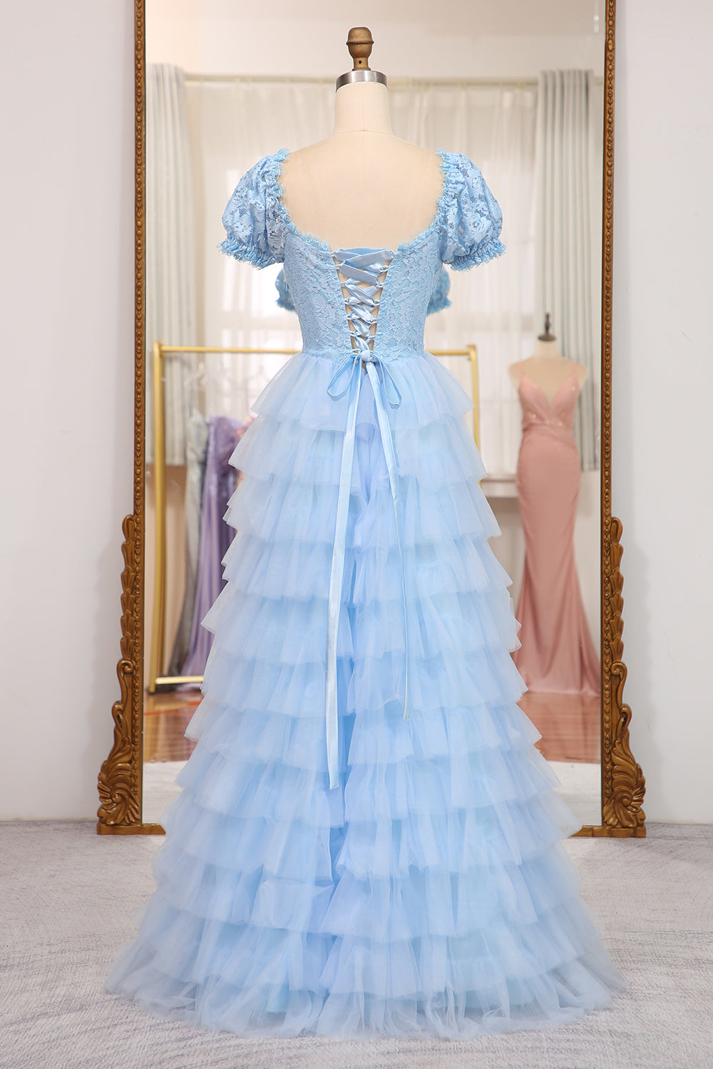 Short Sleeves Blue Lace and Tulle Tiered Dress