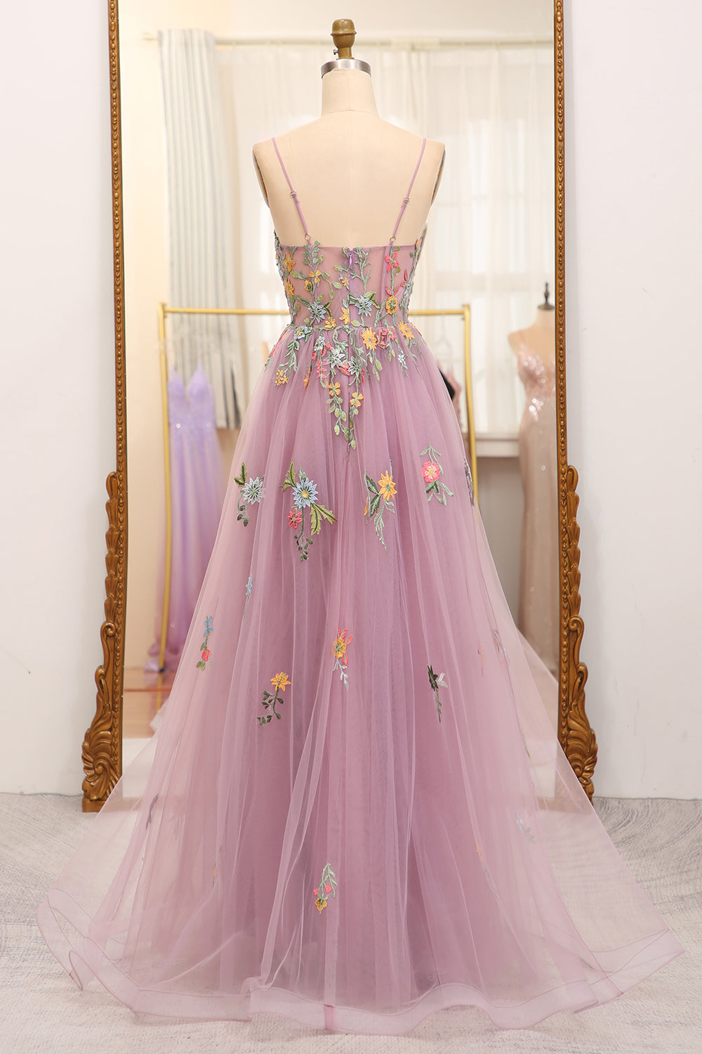 Blush Straps Floral Embroidered A-line Long Formal Dress