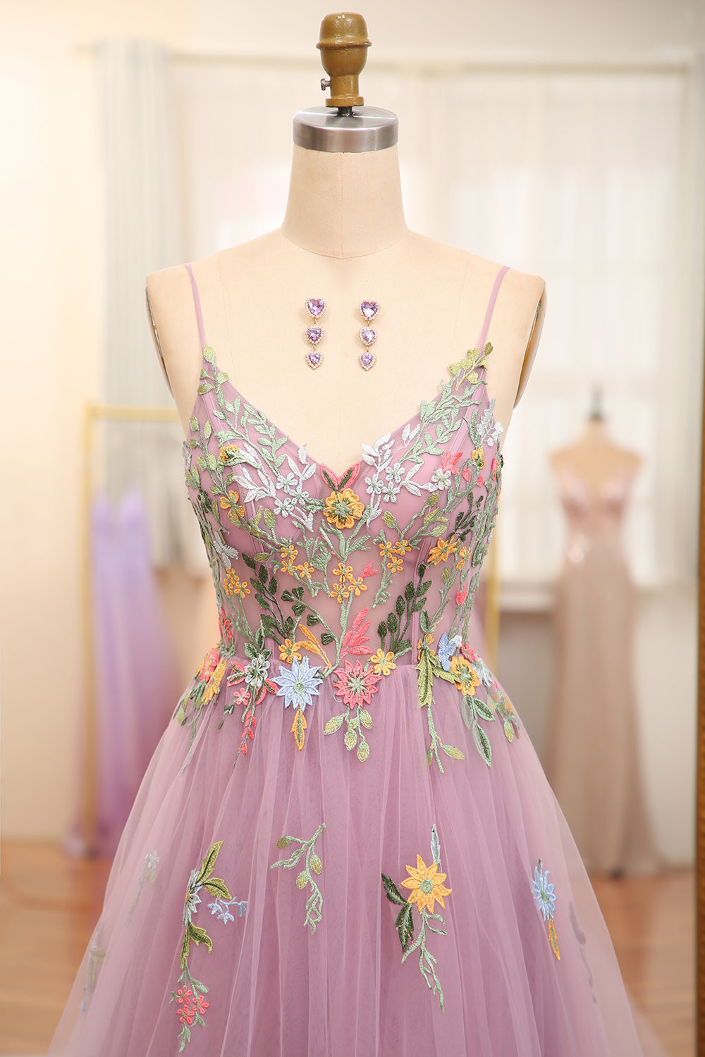 Blush Straps Floral Embroidered A-line Long Formal Dress