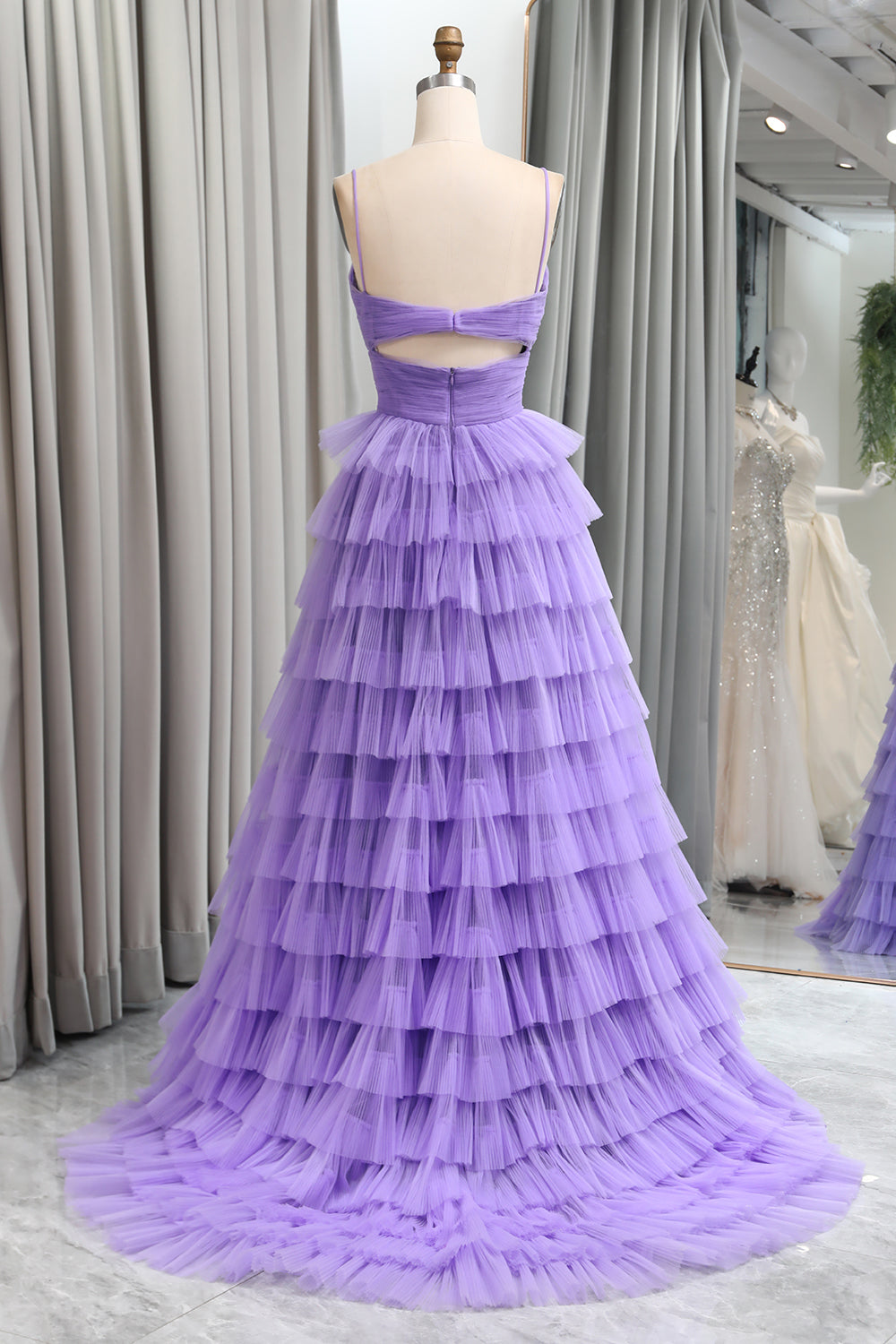 Dark Green Ruffle Tiered Tulle Strapless Long Prom Dresses VK24051005