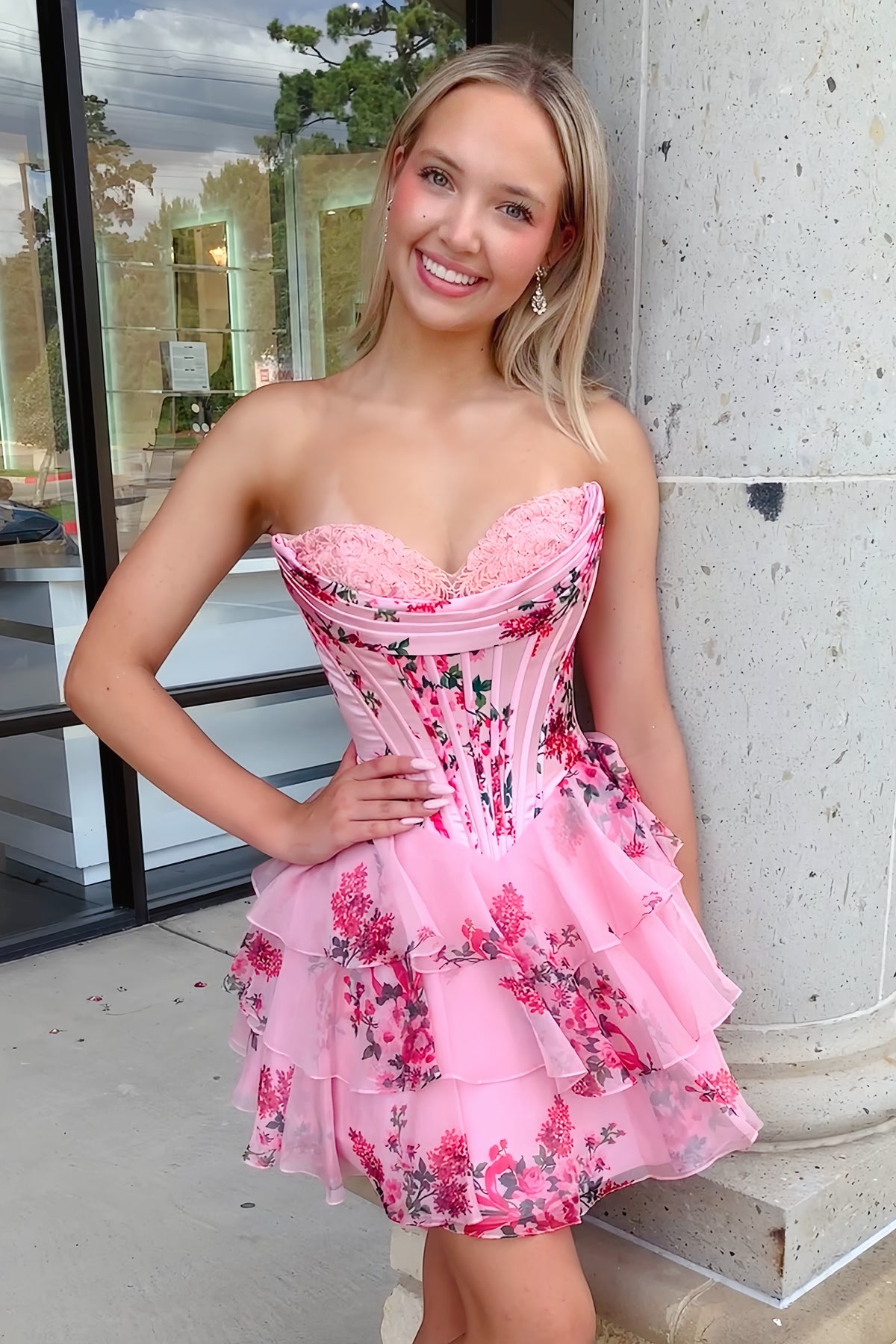Blue Floral Print Corset A-line Short Ruffle Dress Dressesforparty Blue Floral Print Corset A-line Short Ruffle Dress Dressesforparty