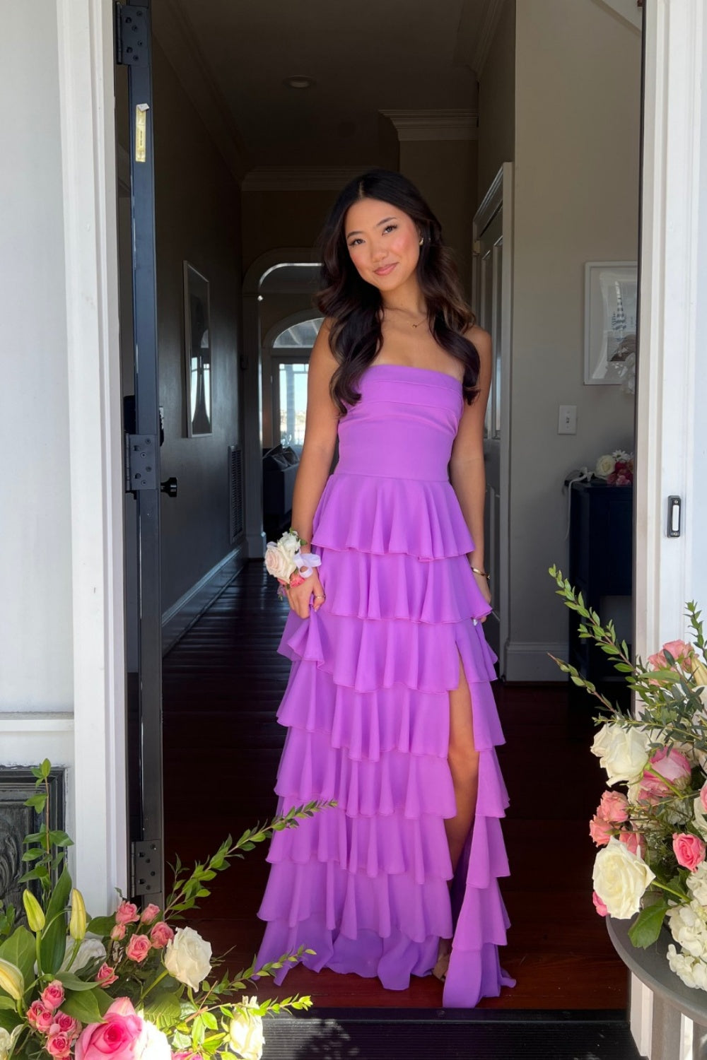 fitted lace wedding dress Purple Strapless Ruffle Long Prom Dress with Slit – Dressesforparty